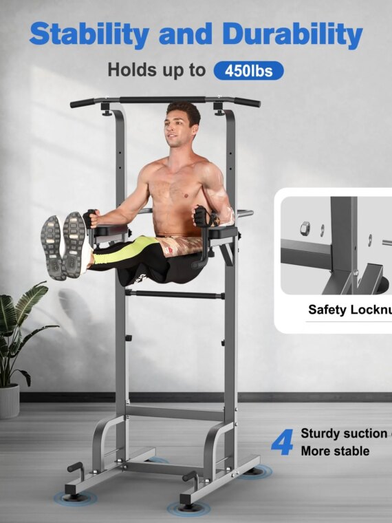 RELIFE Power Tower Pull Up Bar Station, 450 lbs Capacity, Adjustable Heights & Handle, Multifunctional Dip Station for Home Gym