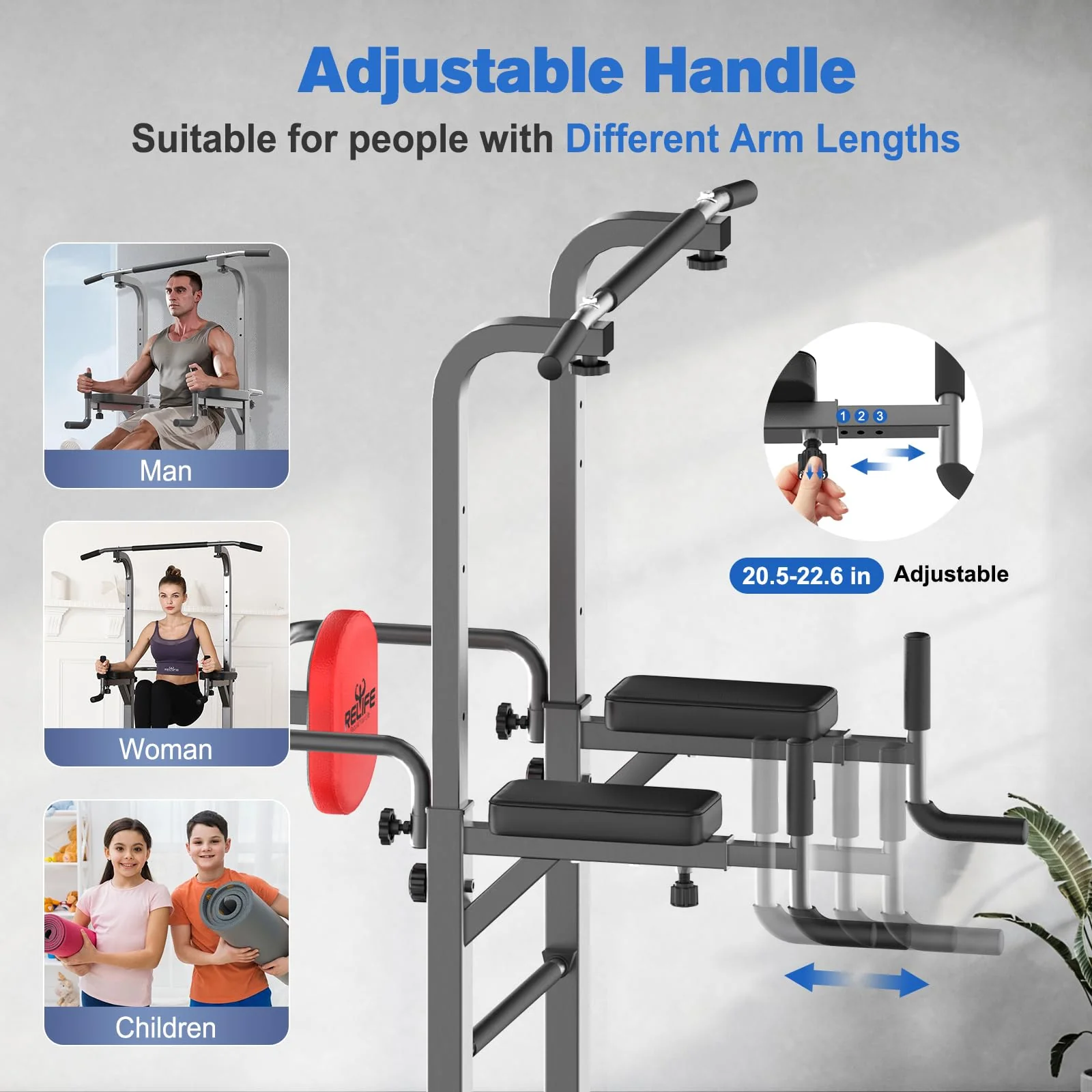 RELIFE Power Tower Pull Up Bar Station, 450 lbs Capacity, Adjustable Heights & Handle, Multifunctional Dip Station for Home Gym