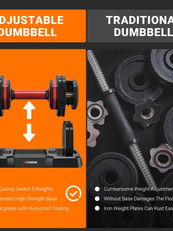 Rendpas Adjustable Dumbbells 25LB Set of 2 - 5-in-1 Quick Change, Ergonomic Grip, Space-Saving Design for Home Gym