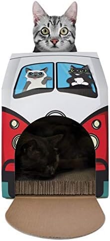 Retro Van Cat House with Scratcher & Catnip, 2-in-1 Design, Dual Entrances, 16"x8"x12"