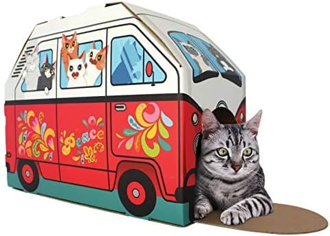 Retro Van Cat House with Scratcher & Catnip, 2-in-1 Design, Dual Entrances, 16"x8"x12"