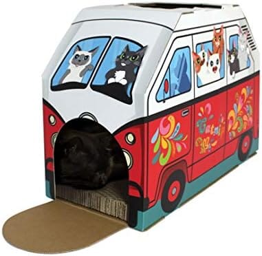 Retro Van Cat House with Scratcher & Catnip, 2-in-1 Design, Dual Entrances, 16"x8"x12"