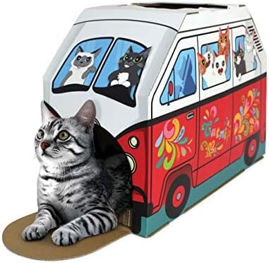 Retro Van Cat House with Scratcher & Catnip, 2-in-1 Design, Dual Entrances, 16"x8"x12"