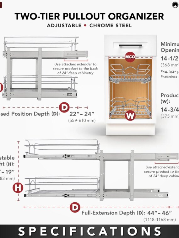 Rev-A-Shelf 5WB2-1522CR-1 2-Tier Pullout Organizer for Kitchen Cabinets, 15"x22", Chrome Wire