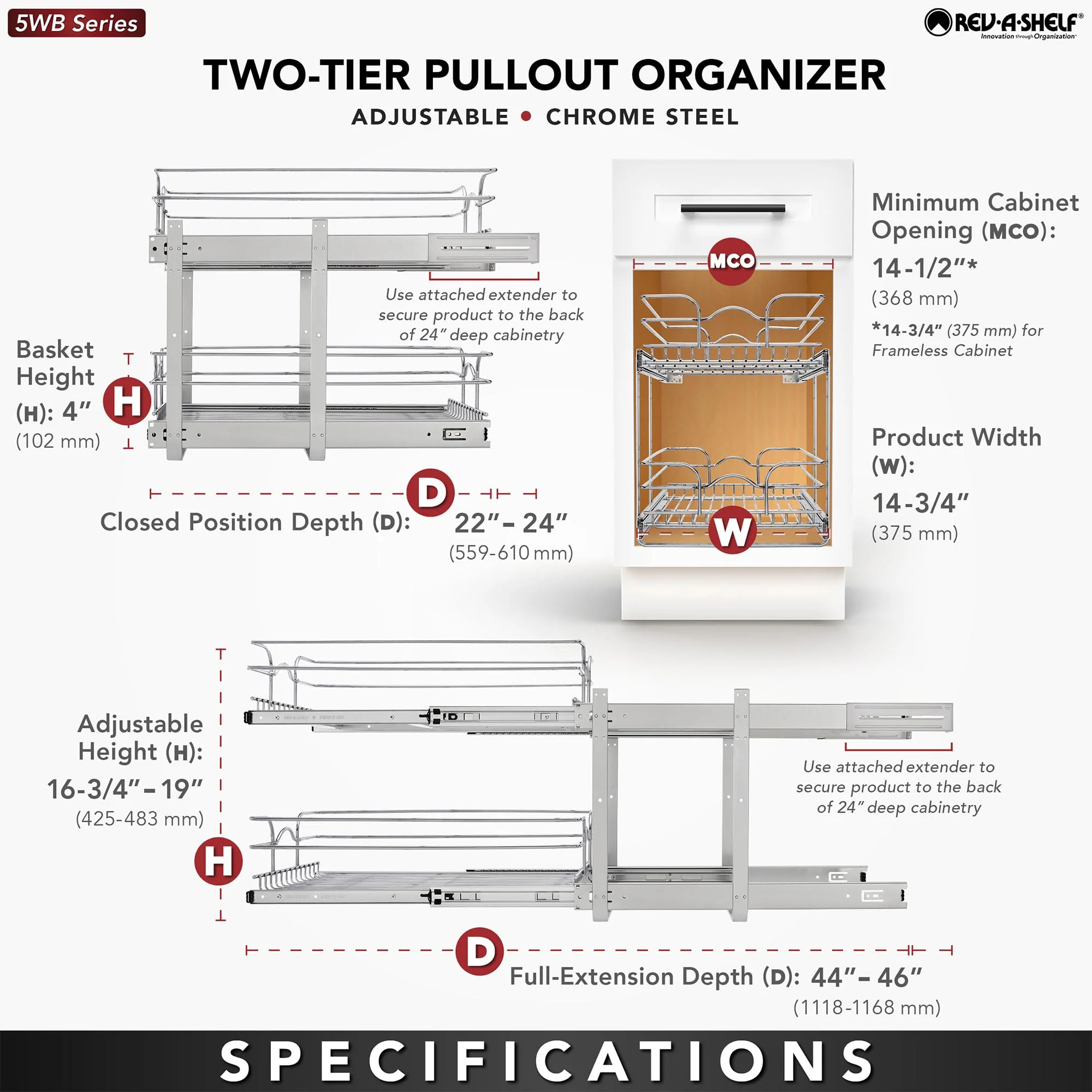 Rev-A-Shelf 5WB2-1522CR-1 2-Tier Pullout Organizer for Kitchen Cabinets, 15"x22", Chrome Wire