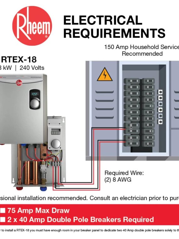 Rheem 18kW Tankless Electric Water Heater, Digital Thermostat, 4.4 GPM, Copper Elements