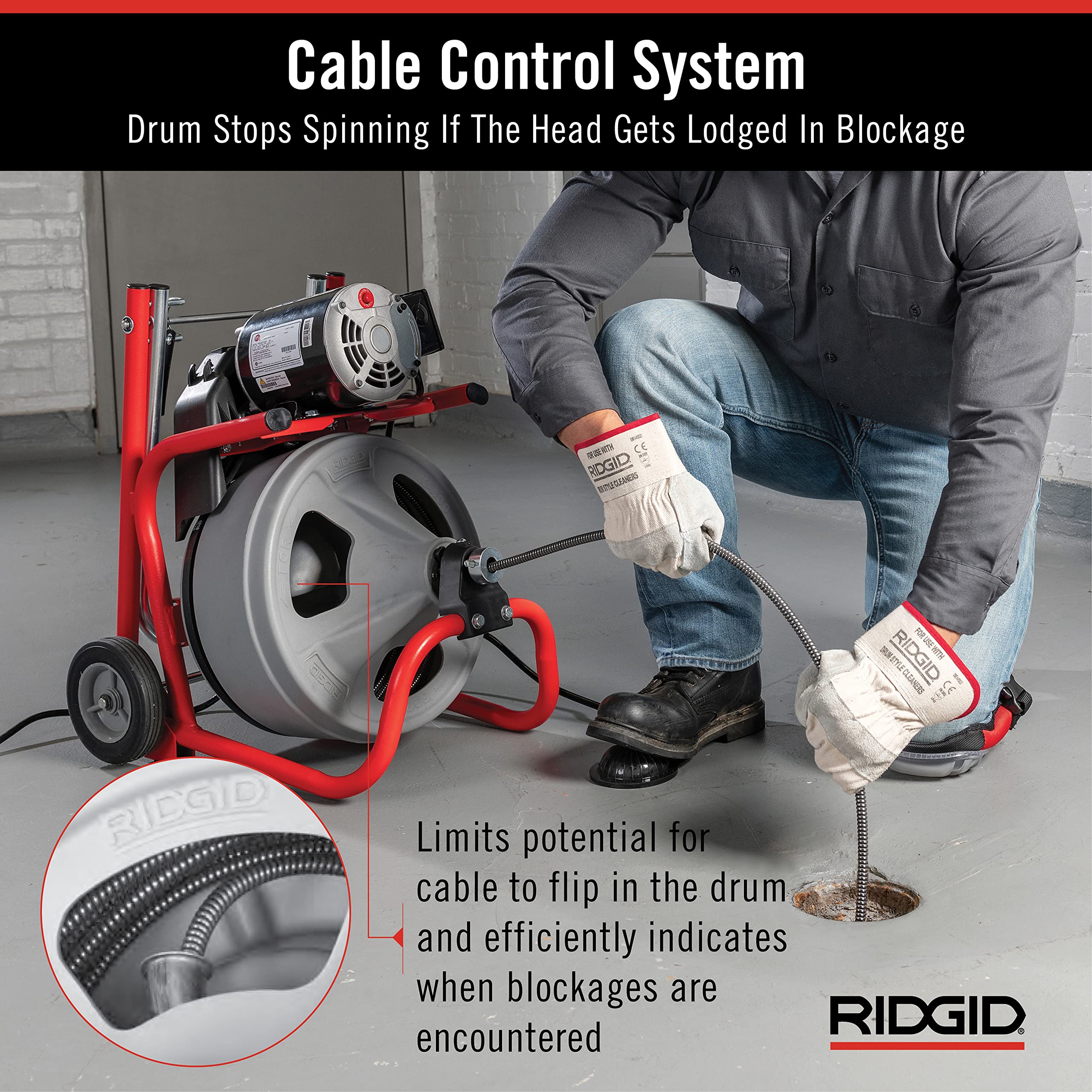 RIDGID 52363 120V Drum Machine with 75ft Cable & Transport Cart for Drain Cleaning