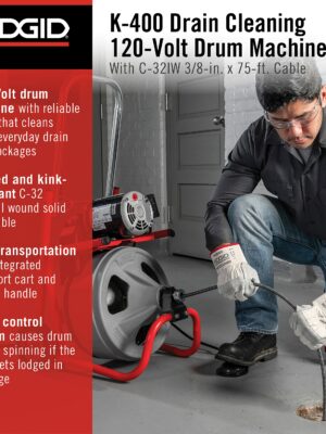 RIDGID 52363 120V Drum Machine with 75ft Cable & Transport Cart for Drain Cleaning