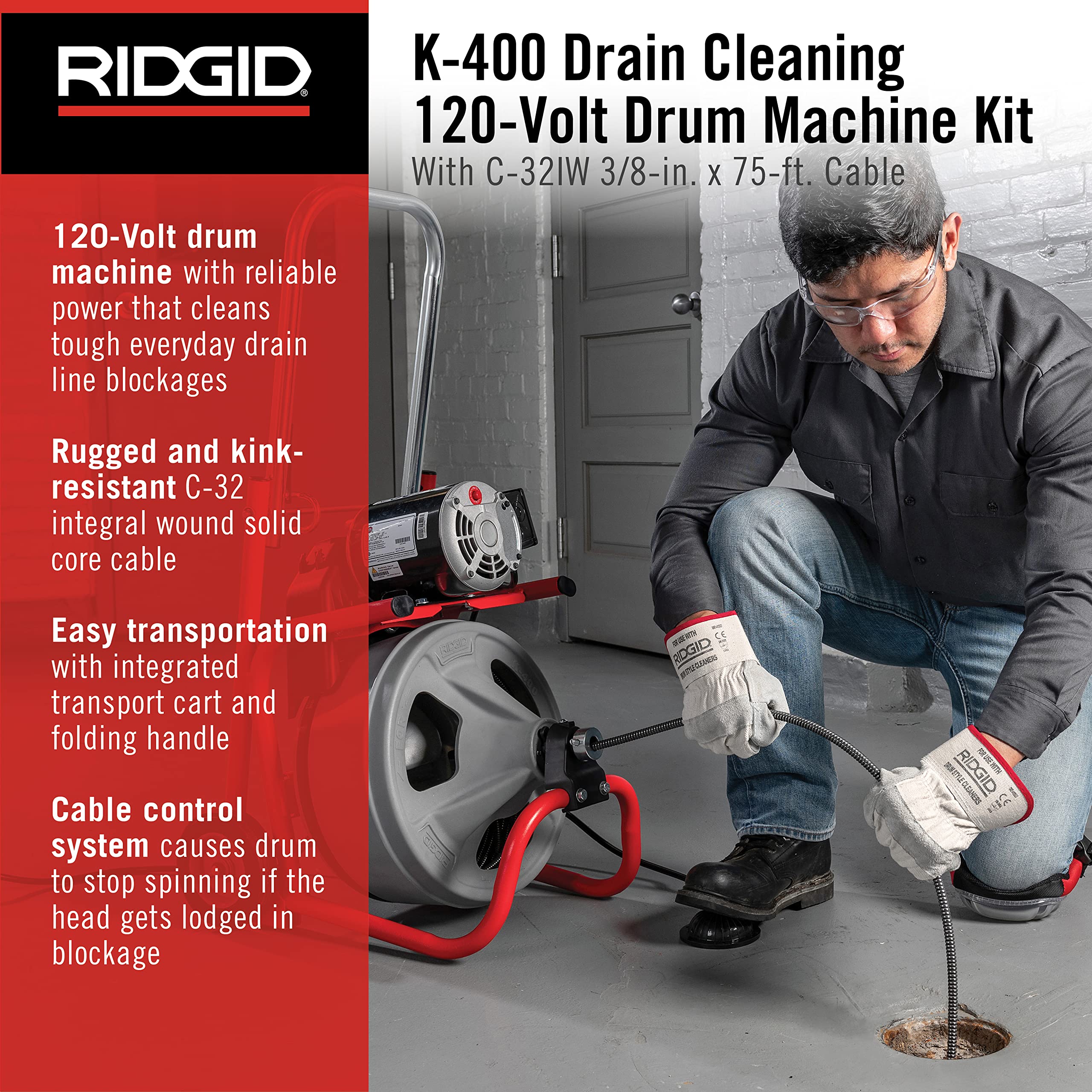 RIDGID 52363 120V Drum Machine with 75ft Cable & Transport Cart for Drain Cleaning