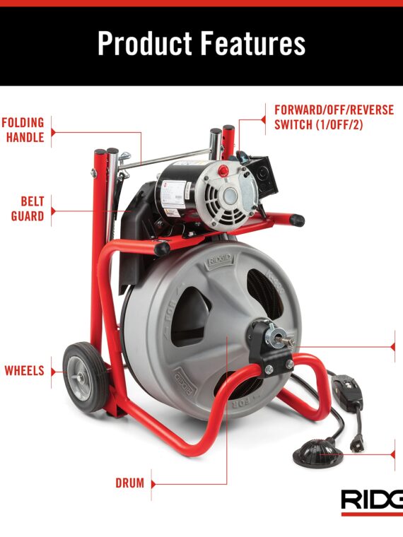 RIDGID 52363 120V Drum Machine with 75ft Cable & Transport Cart for Drain Cleaning