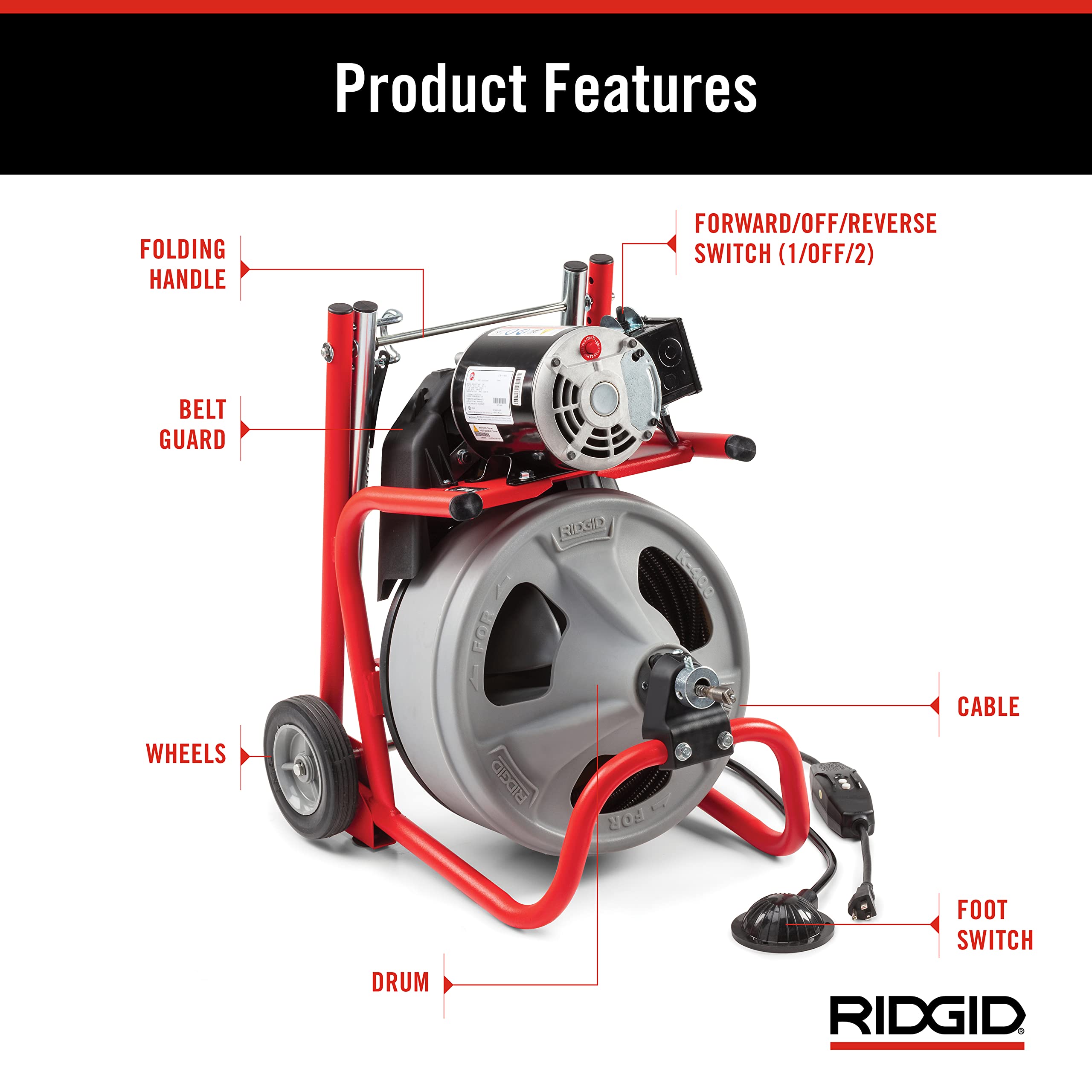 RIDGID 52363 120V Drum Machine with 75ft Cable & Transport Cart for Drain Cleaning