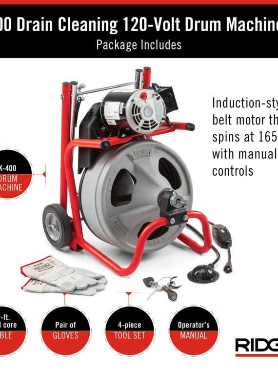 RIDGID 52363 120V Drum Machine with 75ft Cable & Transport Cart for Drain Cleaning