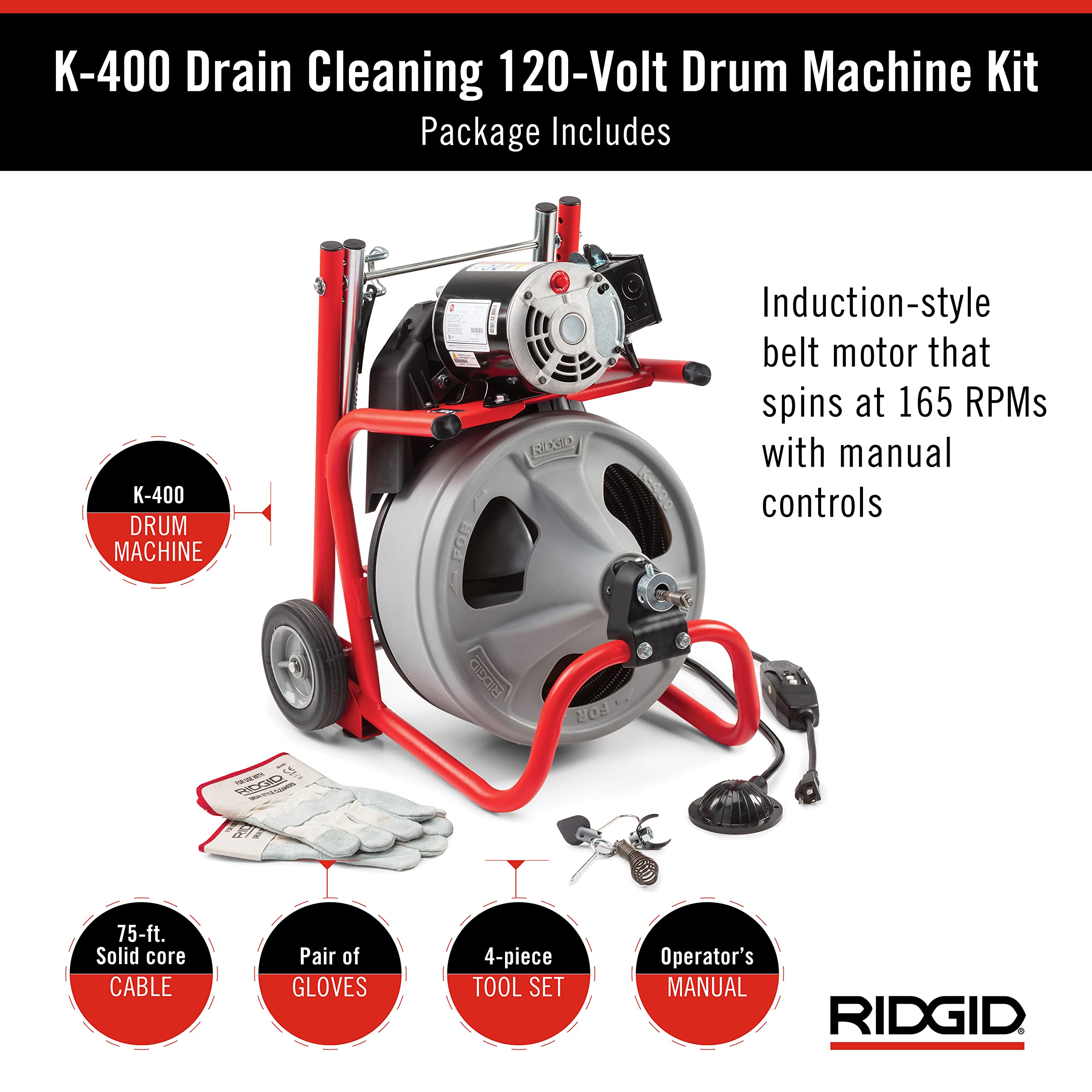 RIDGID 52363 120V Drum Machine with 75ft Cable & Transport Cart for Drain Cleaning