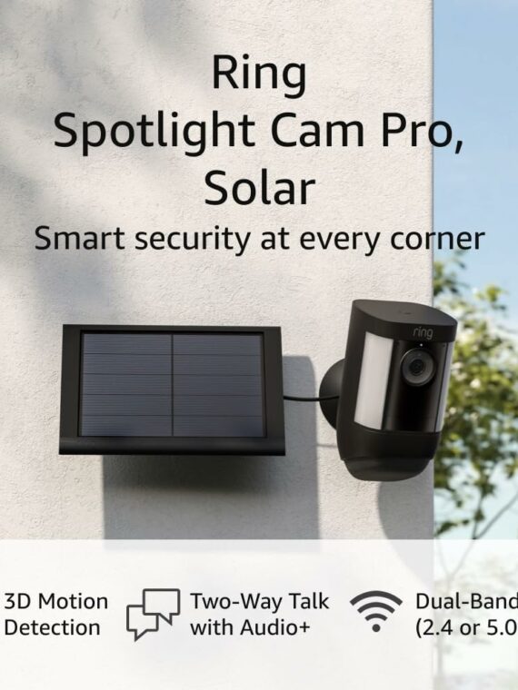 Ring Spotlight Cam Pro Solar Bundle, 3D Motion Detection, Two-Way Talk, Dual-Band WiFi, 1080p HDR, White (2022)