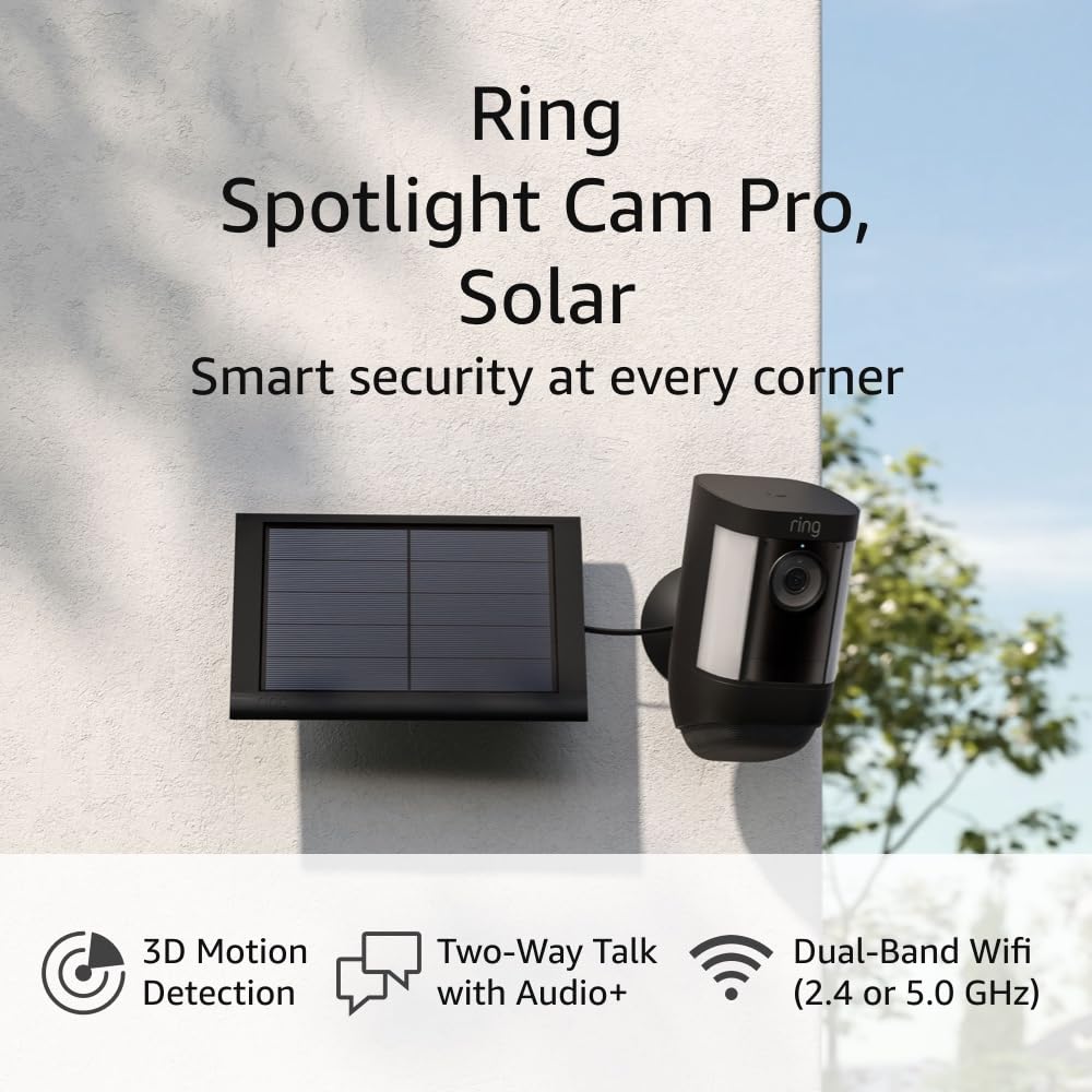 Ring Spotlight Cam Pro Solar Bundle, 3D Motion Detection, Two-Way Talk, Dual-Band WiFi, 1080p HDR, White (2022)