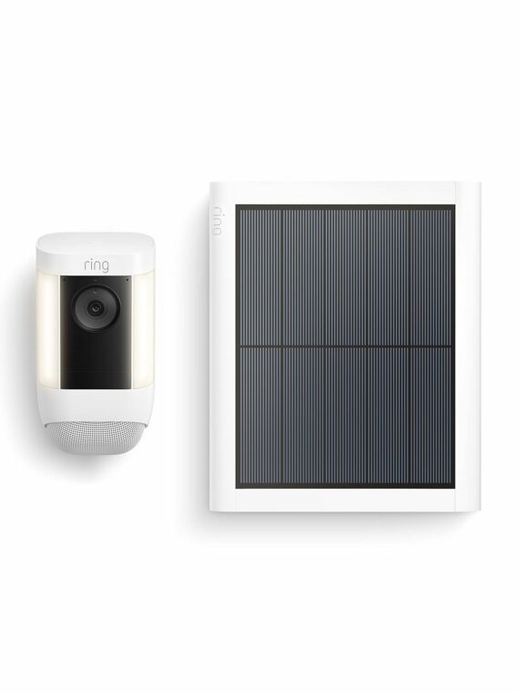 Ring Spotlight Cam Pro Solar Bundle, 3D Motion Detection, Two-Way Talk, Dual-Band WiFi, 1080p HDR, White (2022)