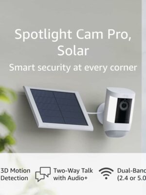 Ring Spotlight Cam Pro Solar Bundle, 3D Motion Detection, Two-Way Talk, Dual-Band WiFi, 1080p HDR, White (2022)