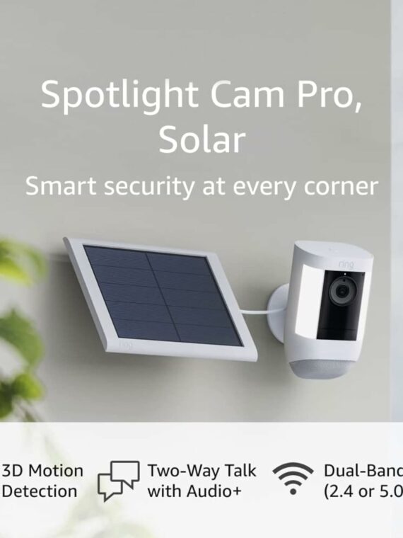 Ring Spotlight Cam Pro Solar Bundle, 3D Motion Detection, Two-Way Talk, Dual-Band WiFi, 1080p HDR, White (2022)