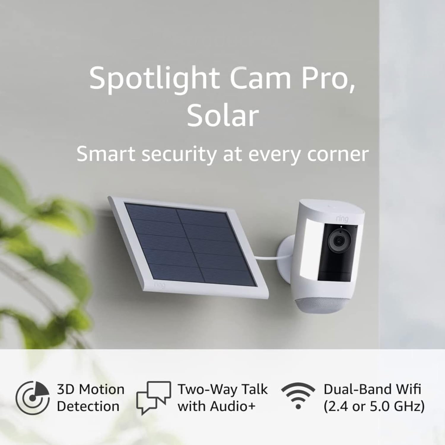Ring Spotlight Cam Pro Solar Bundle, 3D Motion Detection, Two-Way Talk, Dual-Band WiFi, 1080p HDR, White (2022)