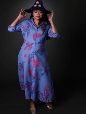 Roberta Women's Linen Dress - Mint or Lilac, 3/4 Sleeves, High Slit, Belted Sash