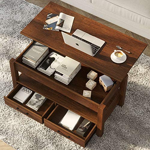 Rolanstar Lift-Top Coffee Table with Drawers, Hidden Compartment & Industrial Design, 41.7" Wood Table