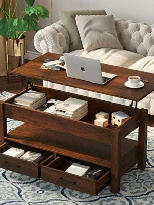 Rolanstar Lift-Top Coffee Table with Drawers, Hidden Compartment & Industrial Design, 41.7″ Wood Table