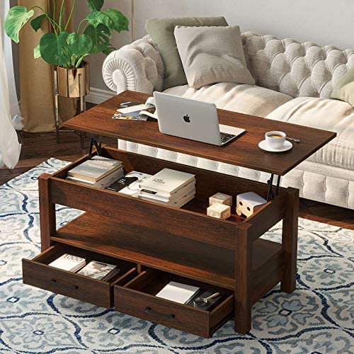 Rolanstar Lift-Top Coffee Table with Drawers, Hidden Compartment & Industrial Design, 41.7" Wood Table