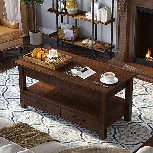Rolanstar Lift-Top Coffee Table with Drawers, Hidden Compartment & Industrial Design, 41.7" Wood Table