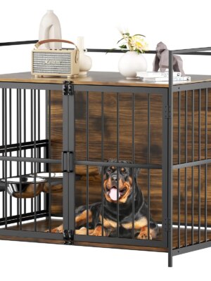 ROOMTEC Large Dog Crate Furniture-Style Cage with Adjustable Bowls, Steel Frame, Easy Install, Side Table Function