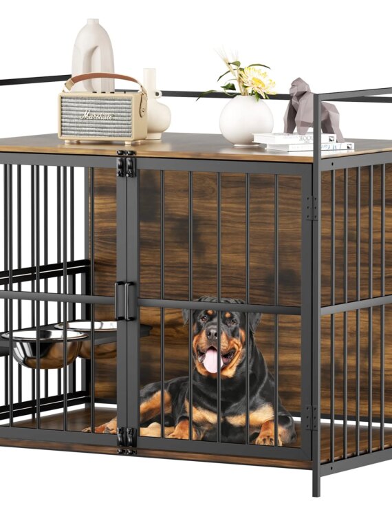 ROOMTEC Large Dog Crate Furniture-Style Cage with Adjustable Bowls, Steel Frame, Easy Install, Side Table Function