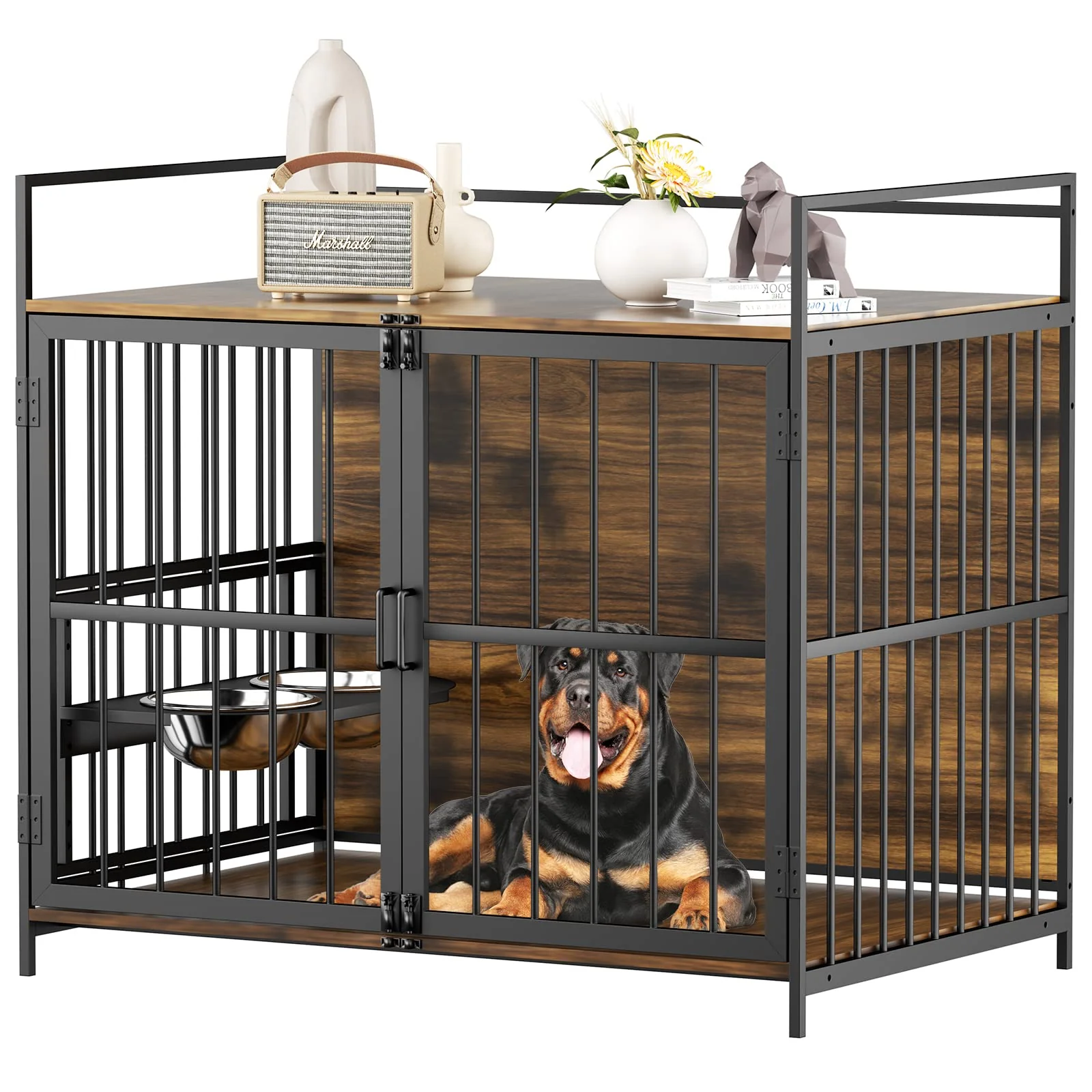 ROOMTEC Large Dog Crate Furniture-Style Cage with Adjustable Bowls, Steel Frame, Easy Install, Side Table Function