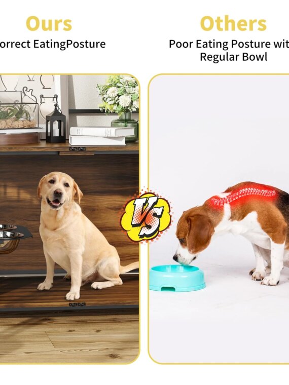 ROOMTEC Large Dog Crate Furniture-Style Cage with Adjustable Bowls, Steel Frame, Easy Install, Side Table Function