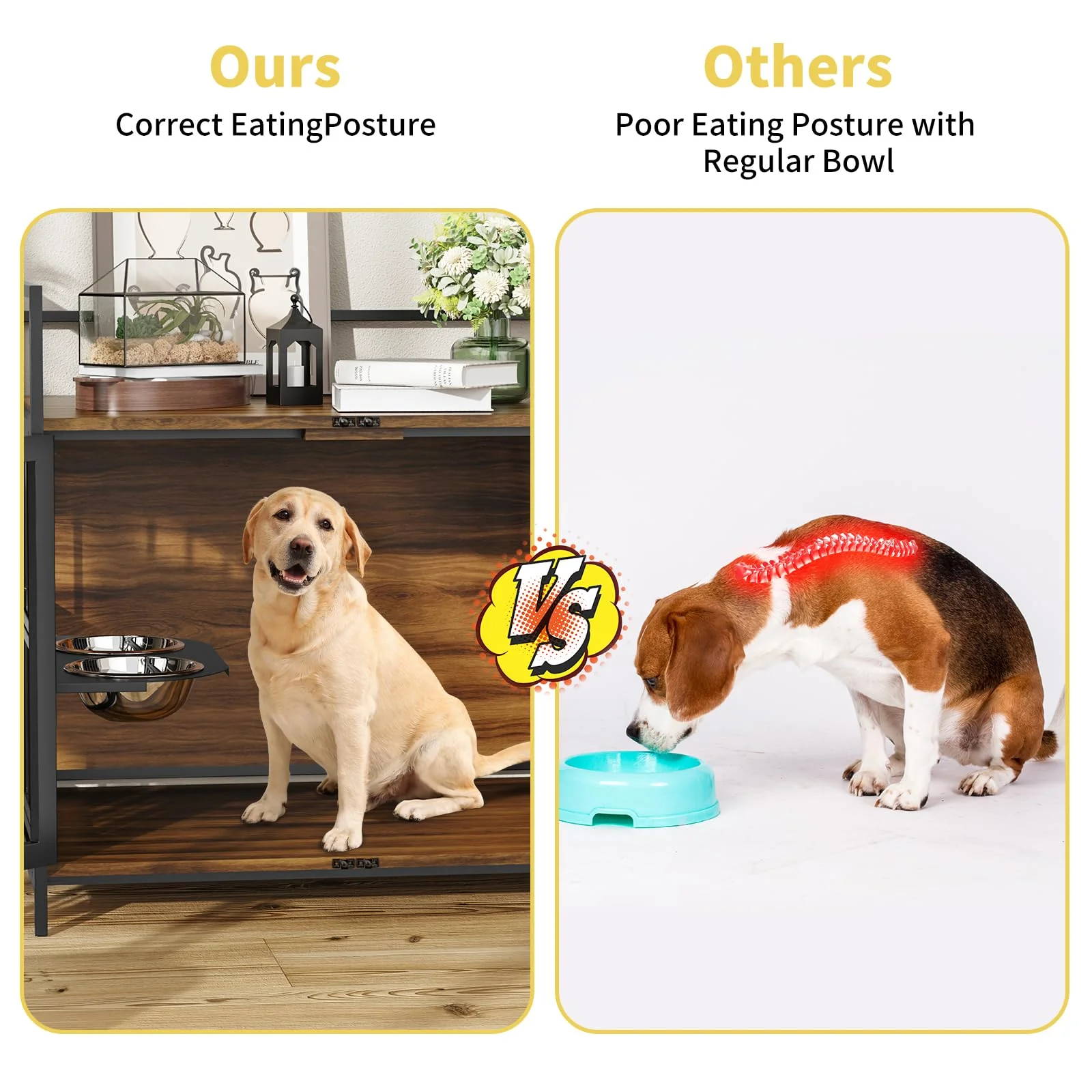 ROOMTEC Large Dog Crate Furniture-Style Cage with Adjustable Bowls, Steel Frame, Easy Install, Side Table Function