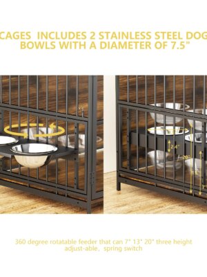 ROOMTEC Large Dog Crate Furniture-Style Cage with Adjustable Bowls, Steel Frame, Easy Install, Side Table Function
