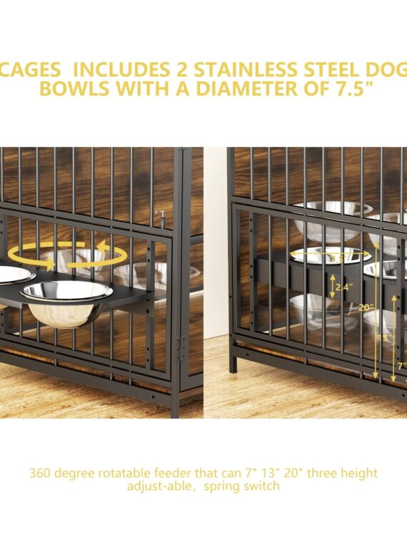 ROOMTEC Large Dog Crate Furniture-Style Cage with Adjustable Bowls, Steel Frame, Easy Install, Side Table Function