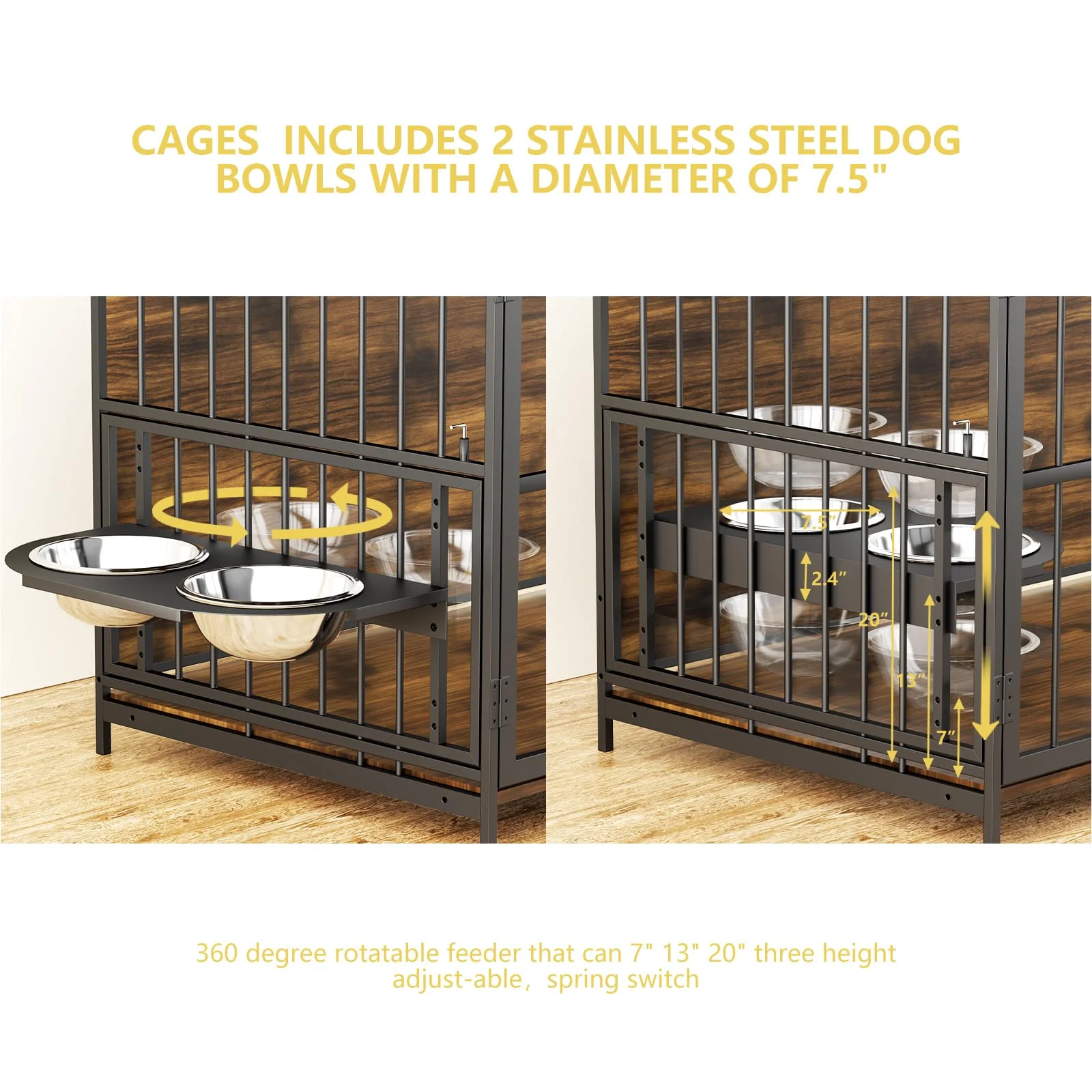 ROOMTEC Large Dog Crate Furniture-Style Cage with Adjustable Bowls, Steel Frame, Easy Install, Side Table Function