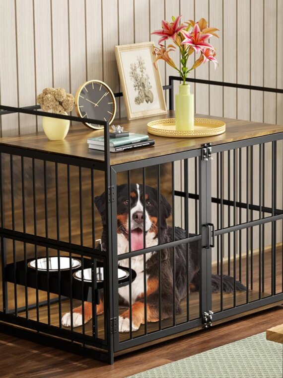 ROOMTEC Large Dog Crate Furniture-Style Cage with Adjustable Bowls, Steel Frame, Easy Install, Side Table Function