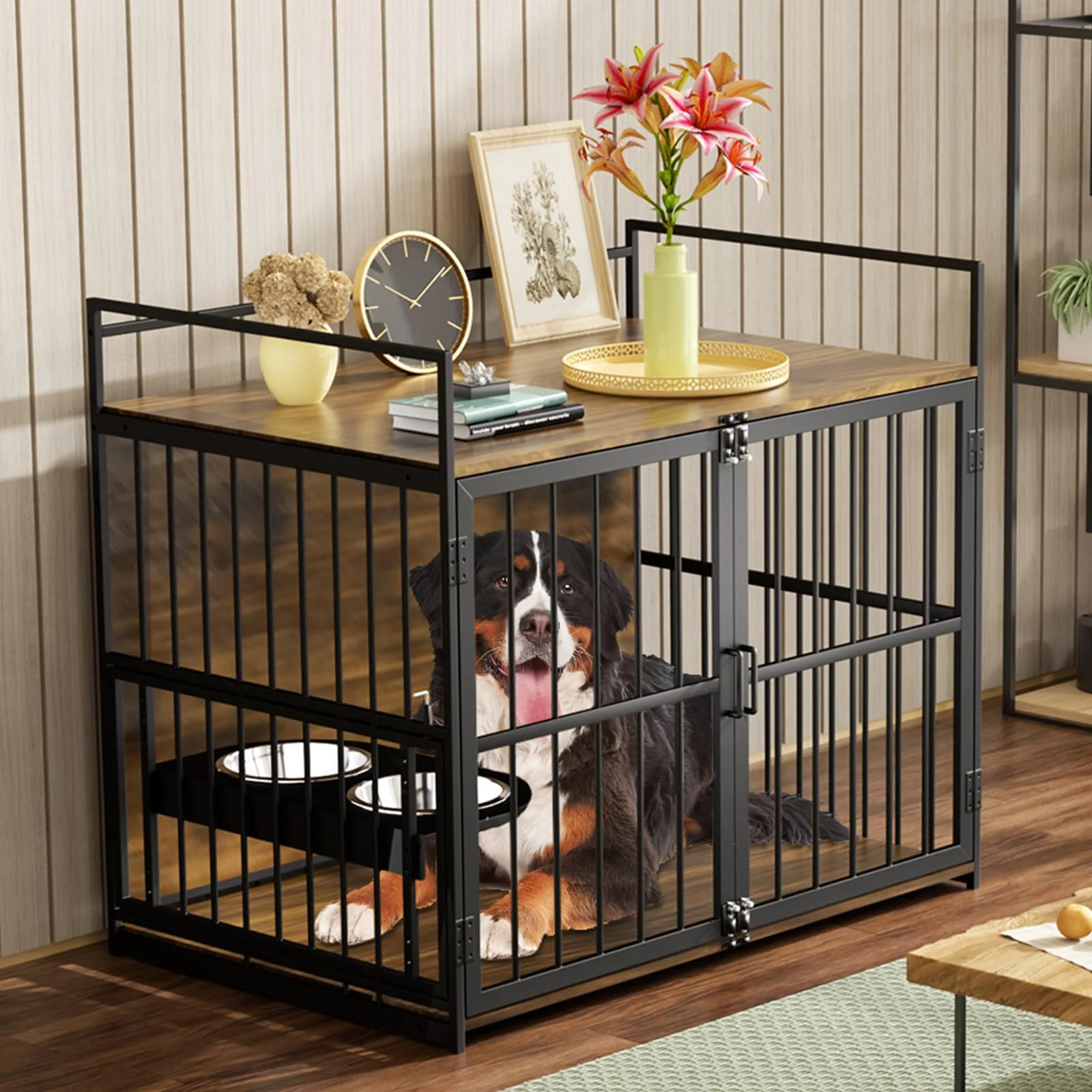 ROOMTEC Large Dog Crate Furniture-Style Cage with Adjustable Bowls, Steel Frame, Easy Install, Side Table Function