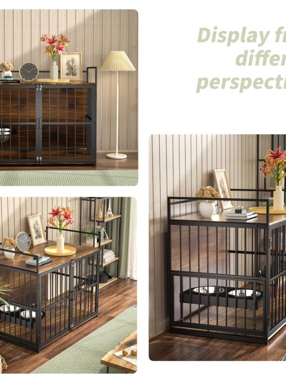 ROOMTEC Large Dog Crate Furniture-Style Cage with Adjustable Bowls, Steel Frame, Easy Install, Side Table Function