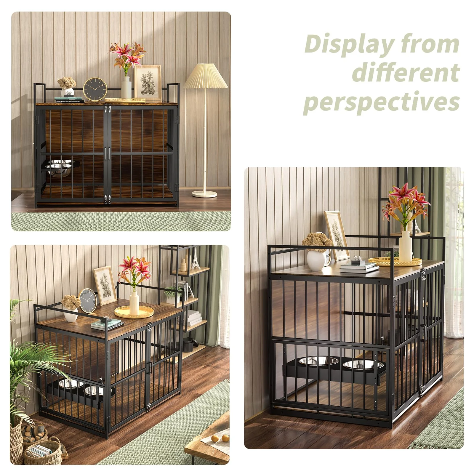 ROOMTEC Large Dog Crate Furniture-Style Cage with Adjustable Bowls, Steel Frame, Easy Install, Side Table Function