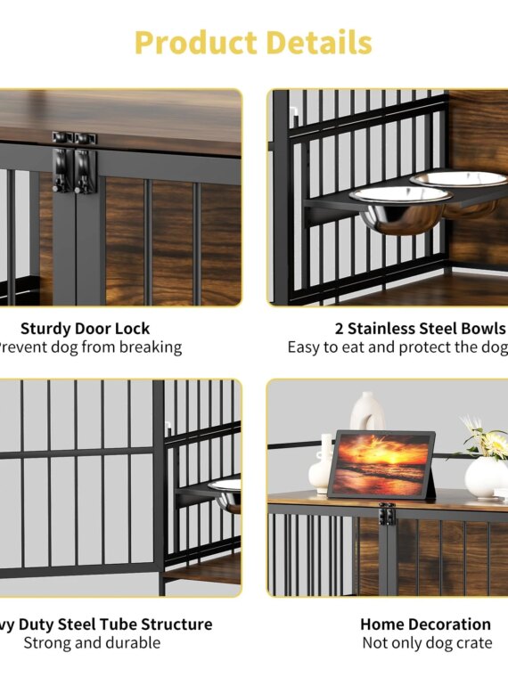 ROOMTEC Large Dog Crate Furniture-Style Cage with Adjustable Bowls, Steel Frame, Easy Install, Side Table Function