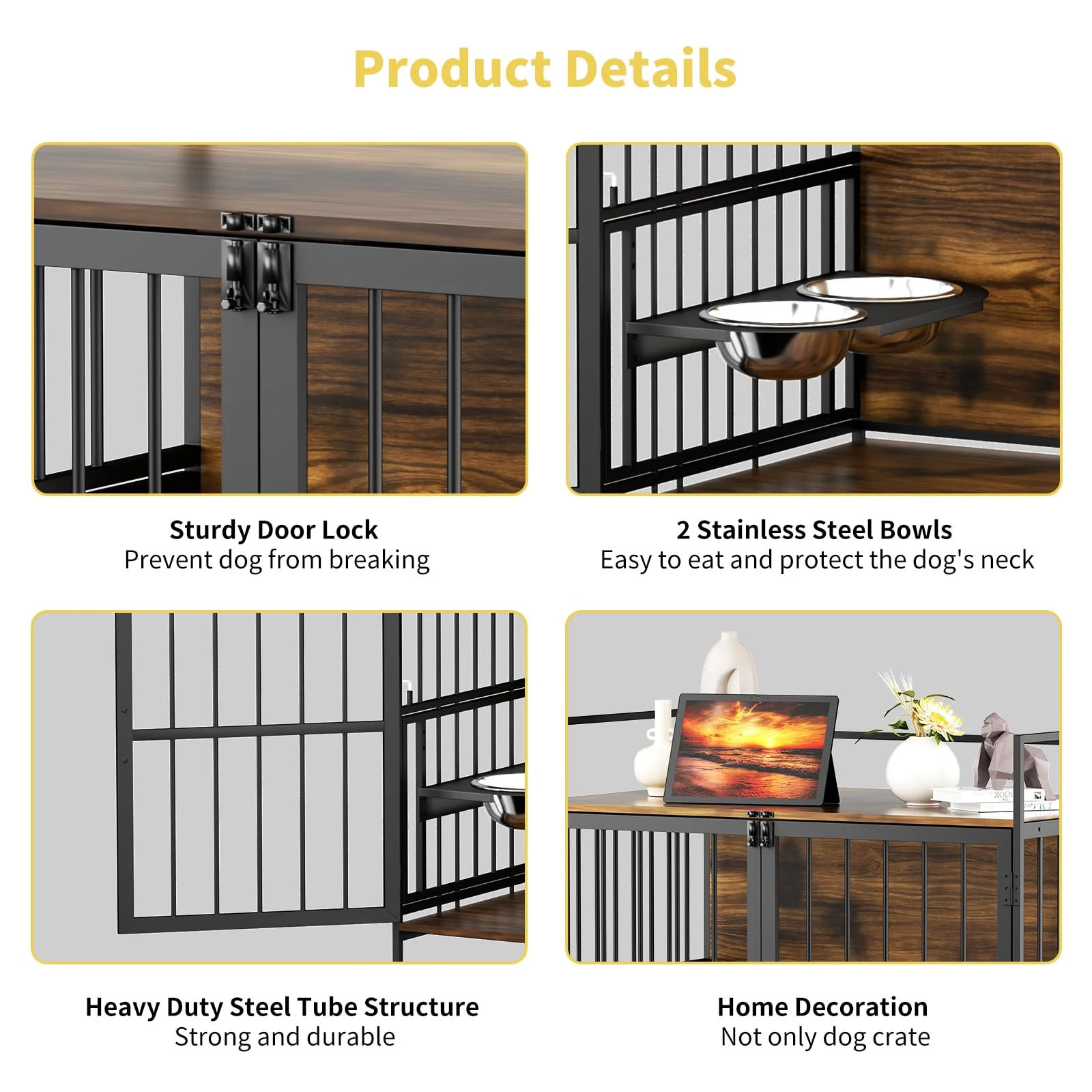 ROOMTEC Large Dog Crate Furniture-Style Cage with Adjustable Bowls, Steel Frame, Easy Install, Side Table Function