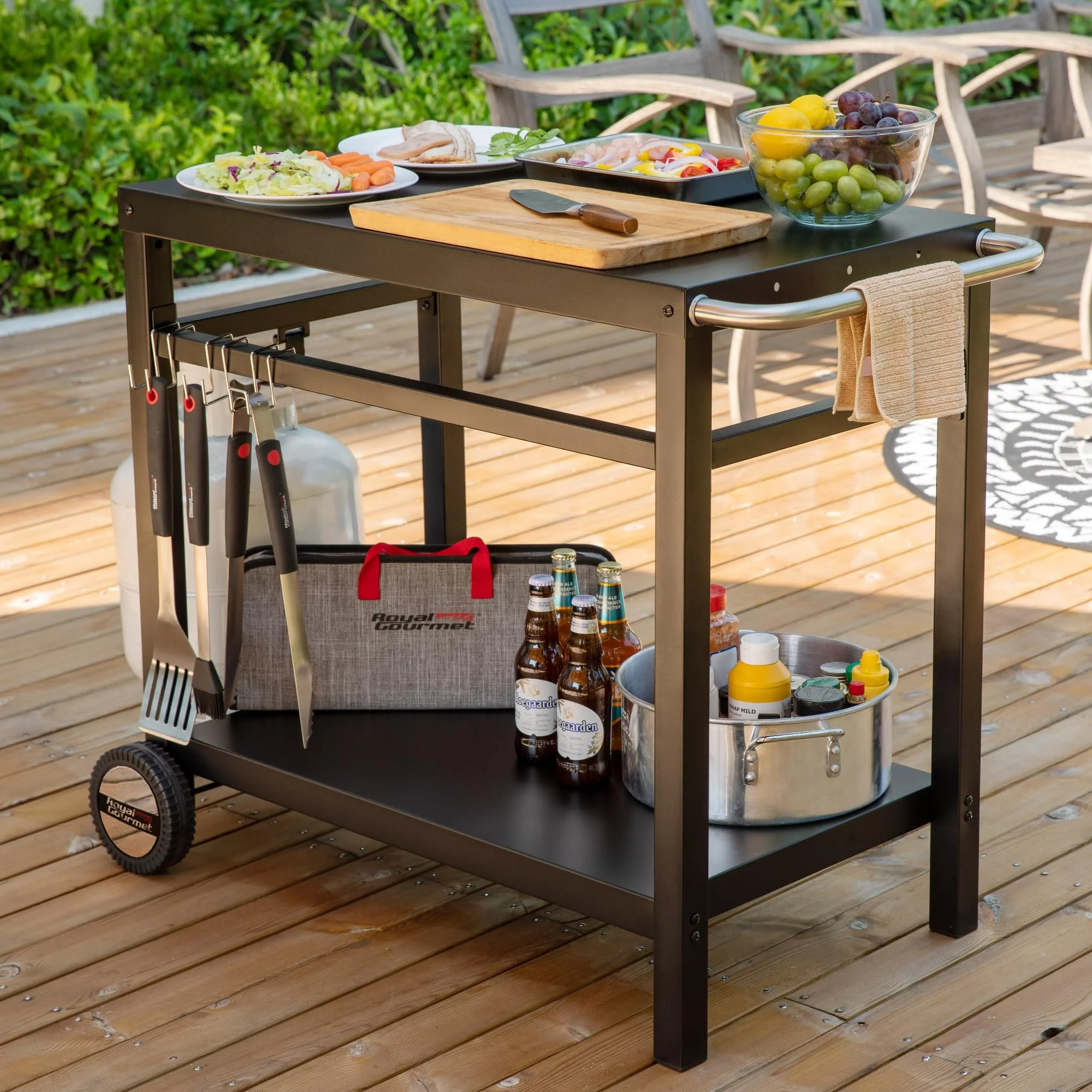 Royal Gourmet Double-Shelf Movable Dining Cart Table, Steel Base, BBQ/Griddle Stand, 33.5"x19.7", with Wheels & Storage