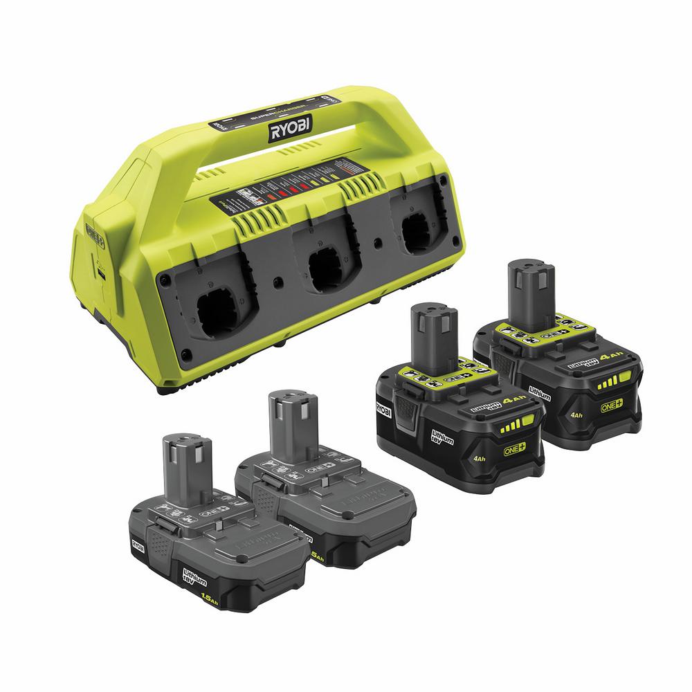 RYOBI 18V ONE+ Super Charger Kit with 1.5Ah & 4.0Ah Batteries, USB Port, IntelliPort Technology