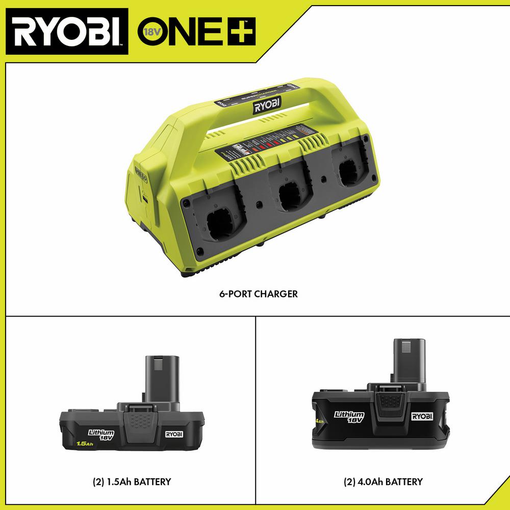 RYOBI 18V ONE+ Super Charger Kit with 1.5Ah & 4.0Ah Batteries, USB Port, IntelliPort Technology