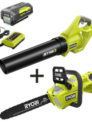 RYOBI 40V Brushless Chainsaw & Jet Fan Blower Combo, Cordless, 4.0 Ah Battery & Charger Included