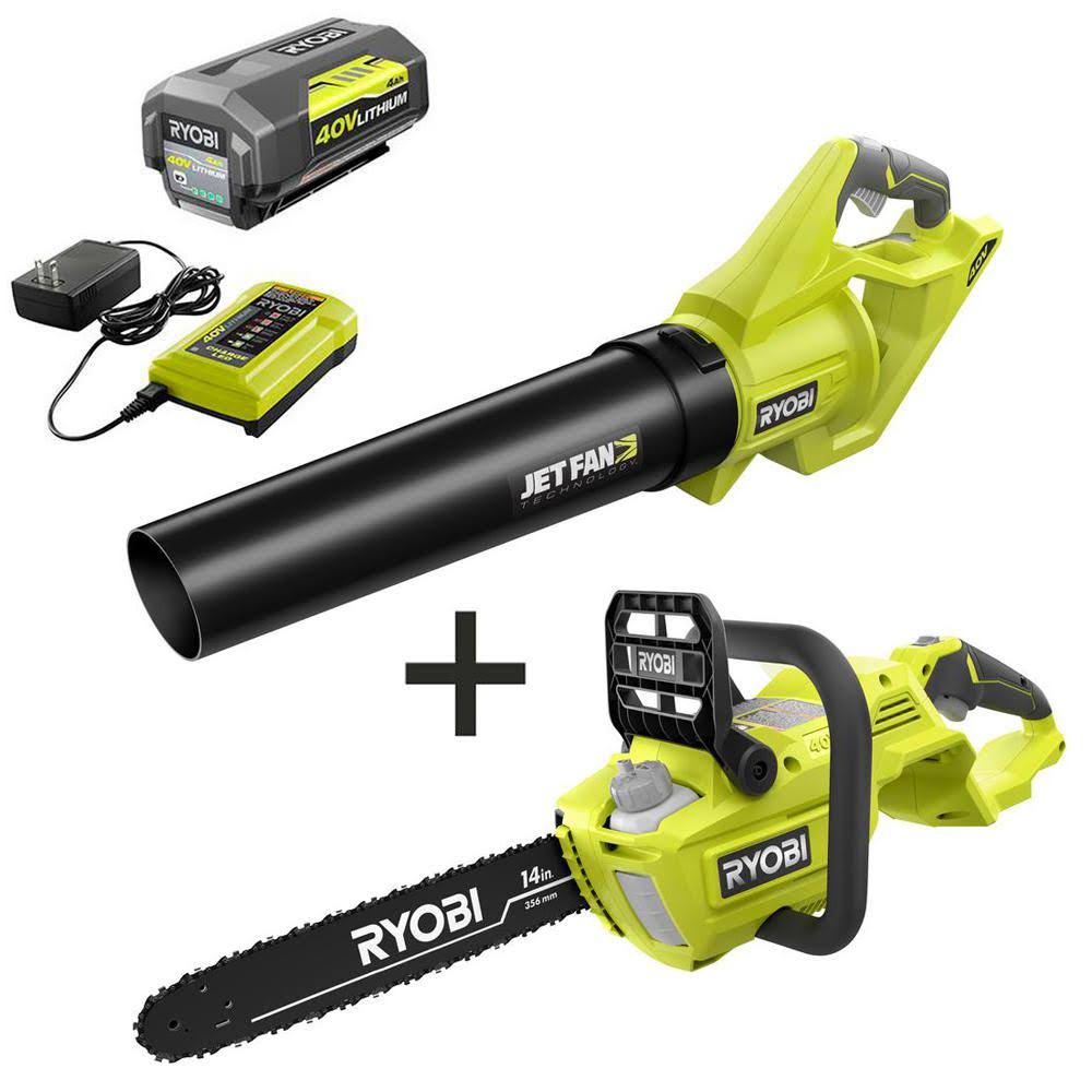 RYOBI 40V Brushless Chainsaw & Jet Fan Blower Combo, Cordless, 4.0 Ah Battery & Charger Included