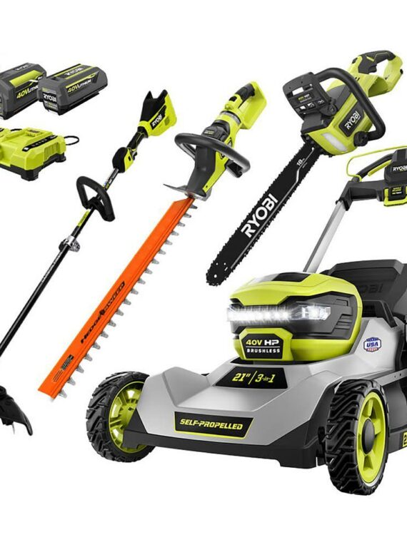 RYOBI 40V HP Cordless Lawn Mower, Trimmer, Chainsaw & Hedge Trimmer Set with 3 Batteries