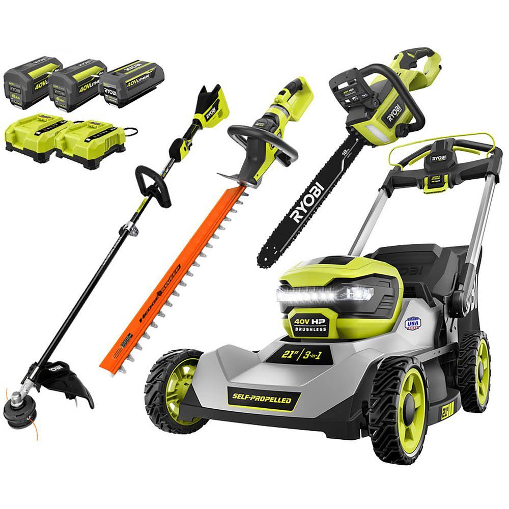 RYOBI 40V HP Cordless Lawn Mower, Trimmer, Chainsaw & Hedge Trimmer Set with 3 Batteries