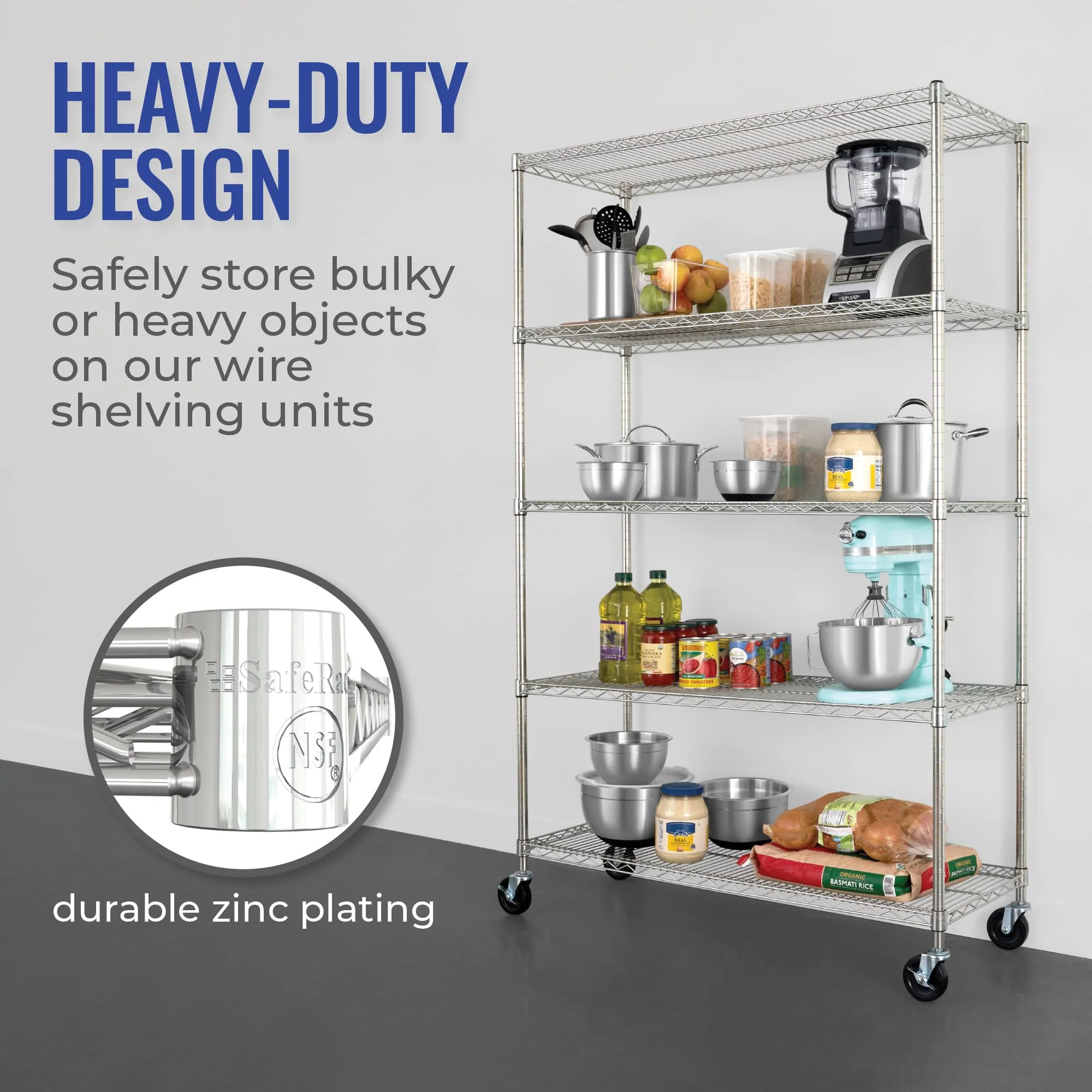 SafeRacks NSF-Certified 5-Shelf Wire Storage Unit, 48"x18"x76", Heavy-Duty, Adjustable, Commercial-Grade Shelving